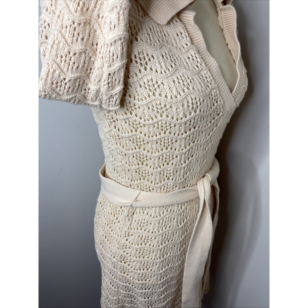 SPELL Road To Paradise Crochet Knit Mini Dress (Sz XS) Long Sleeve Belted Wheat - Picture 6 of 10